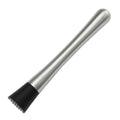 Stainless steel cocktail muddler with no-slip rubber handle for barware, used for mixing drinks and crushing ice in home bar setups.