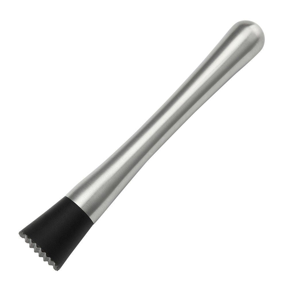 Stainless steel cocktail muddler with no-slip rubber handle for barware, used for mixing drinks and crushing ice in home bar setups.