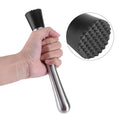 Stainless steel cocktail muddler with no-slip rubber handle, used for bar mixing and ice mashing in home bartending.