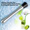 Stainless steel cocktail muddler with no-slip rubber handle for bar mixing, shown in a pretend play toy setting for kids.