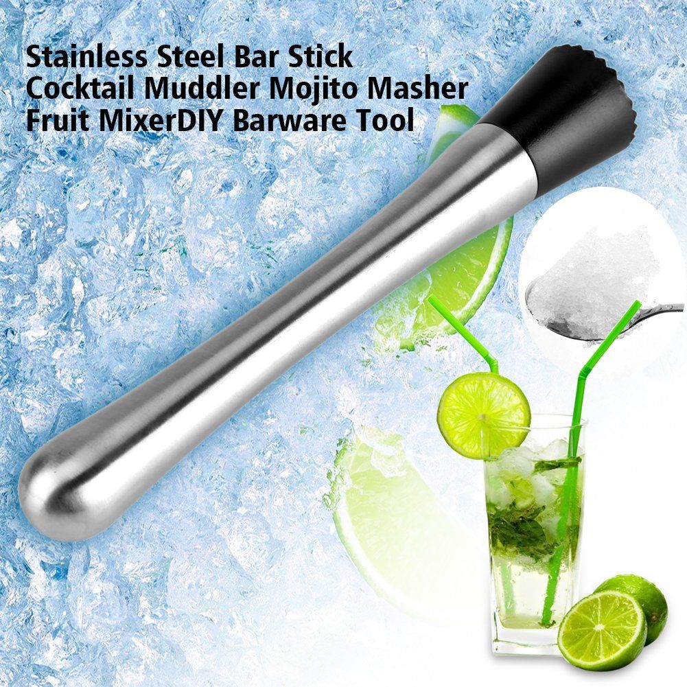 Stainless steel cocktail muddler with no-slip rubber handle for bar mixing, shown in a pretend play toy setting for kids.
