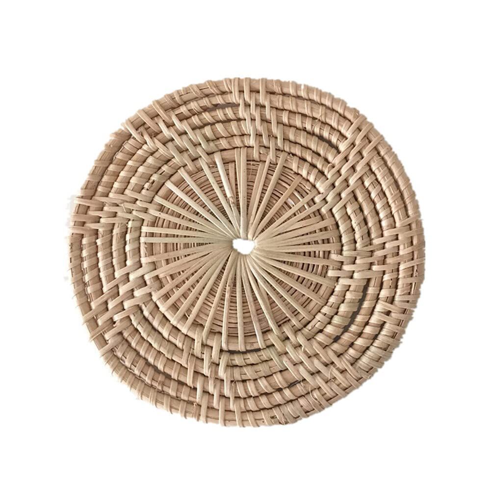 Handmade rattan coaster set with woven natural rattan for drinks, featuring rustic farmhouse boho wicker design.