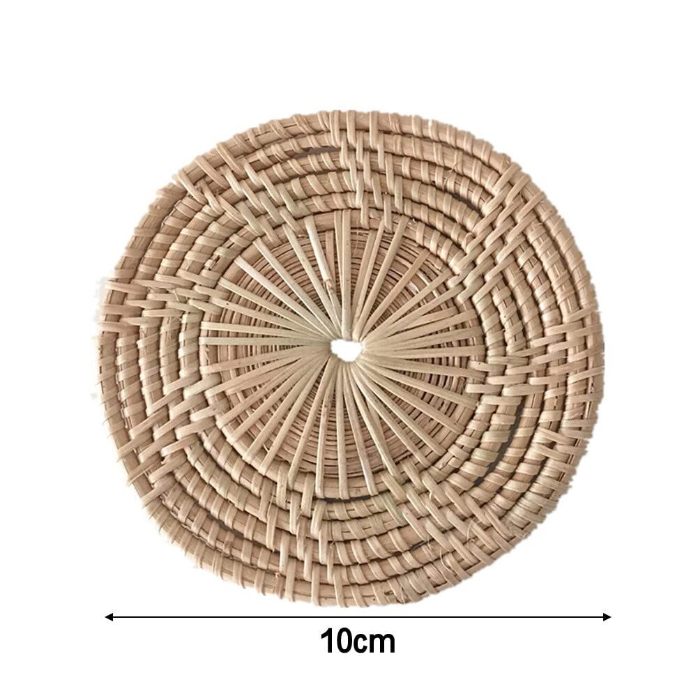 Handmade natural rattan coaster with woven design, ideal for drinks, featuring a retro rustic boho farmhouse style.