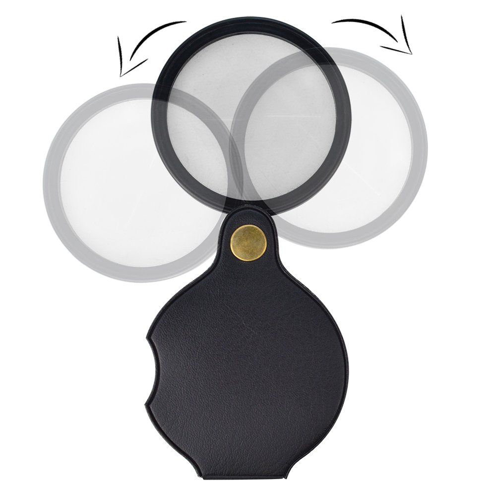Black folding pocket magnifier loupe with rotating leather pouch, 70mm size, ideal for reading, science, and hobbies.