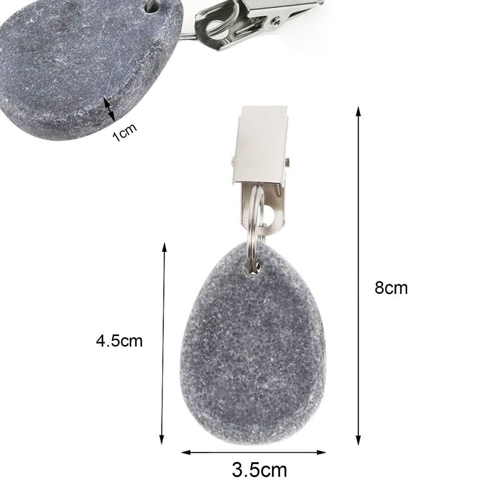 Six teardrop-shaped tablecloth weights with metal clips, designed for secure table covers, ideal for family dining settings.
