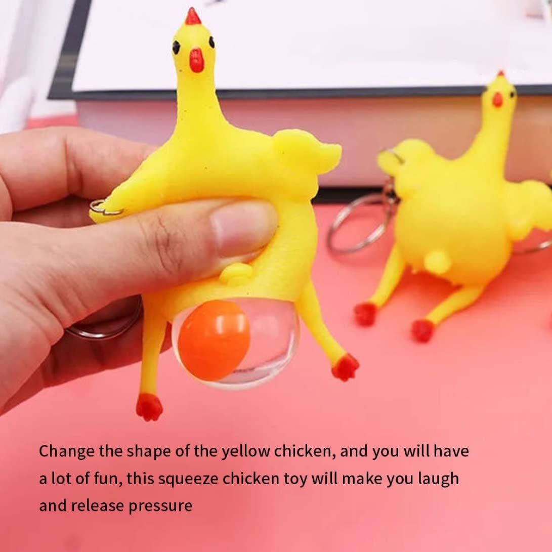 Squeeze chicken toy keychain for kids, featuring a laying hen design, stress relief gadget, and funny chick ornament for pretend play.