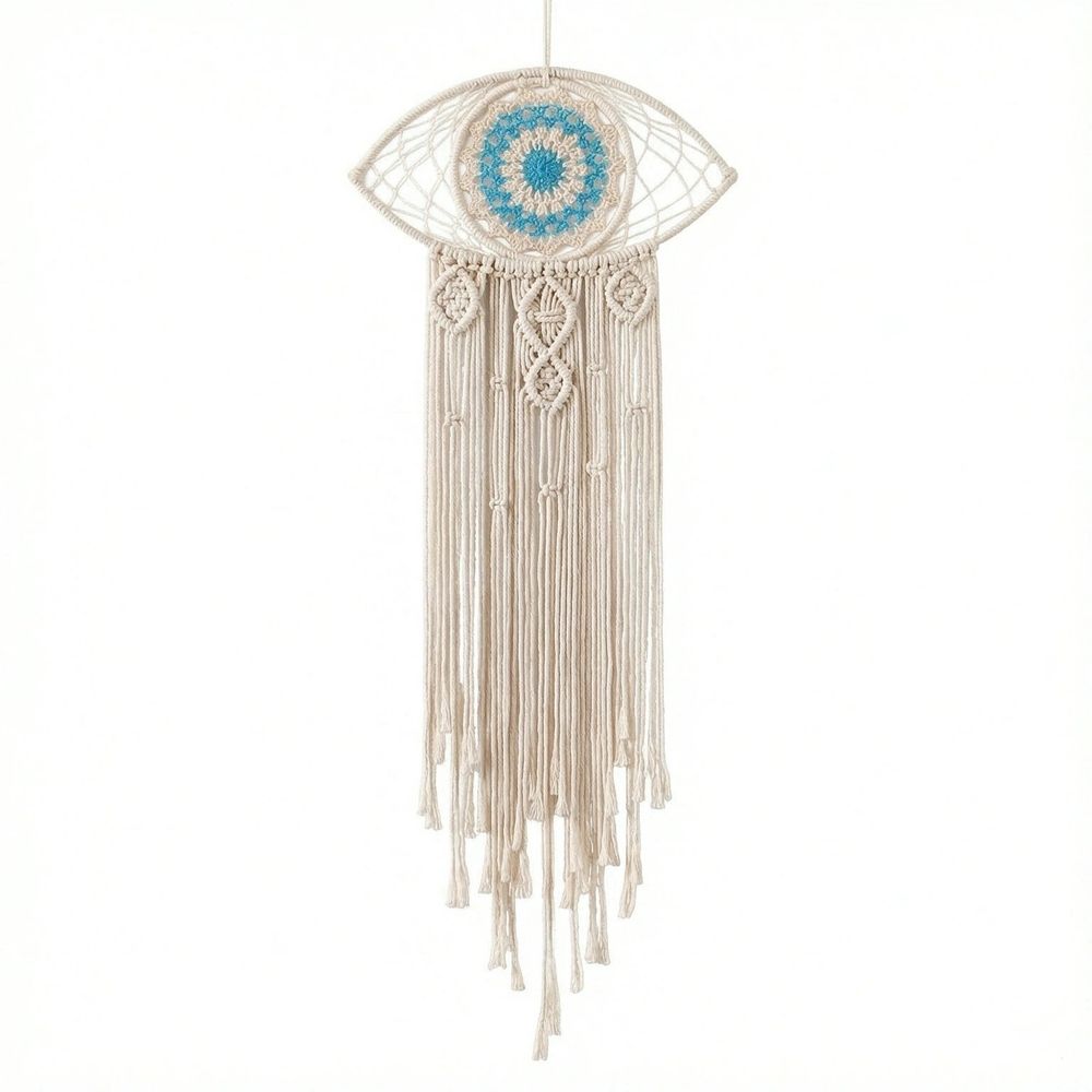 Beige large boho dream catcher with evil eye design and macrame details, wall hanging ornament for bedroom or dorm decor.