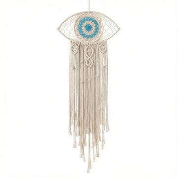 Beige large boho dream catcher with evil eye design and macrame details, wall hanging ornament for bedroom or dorm decor.