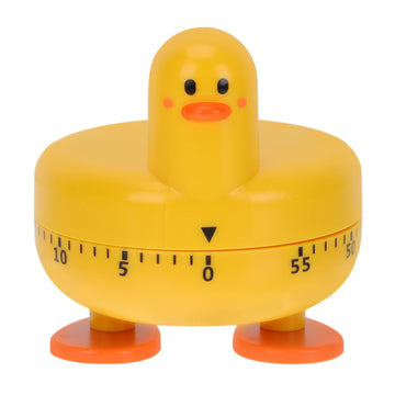 Yellow duck-shaped kitchen timer by Everything Baby, wind-up mechanical cooking timer with rotating alarm for baking and cooking.