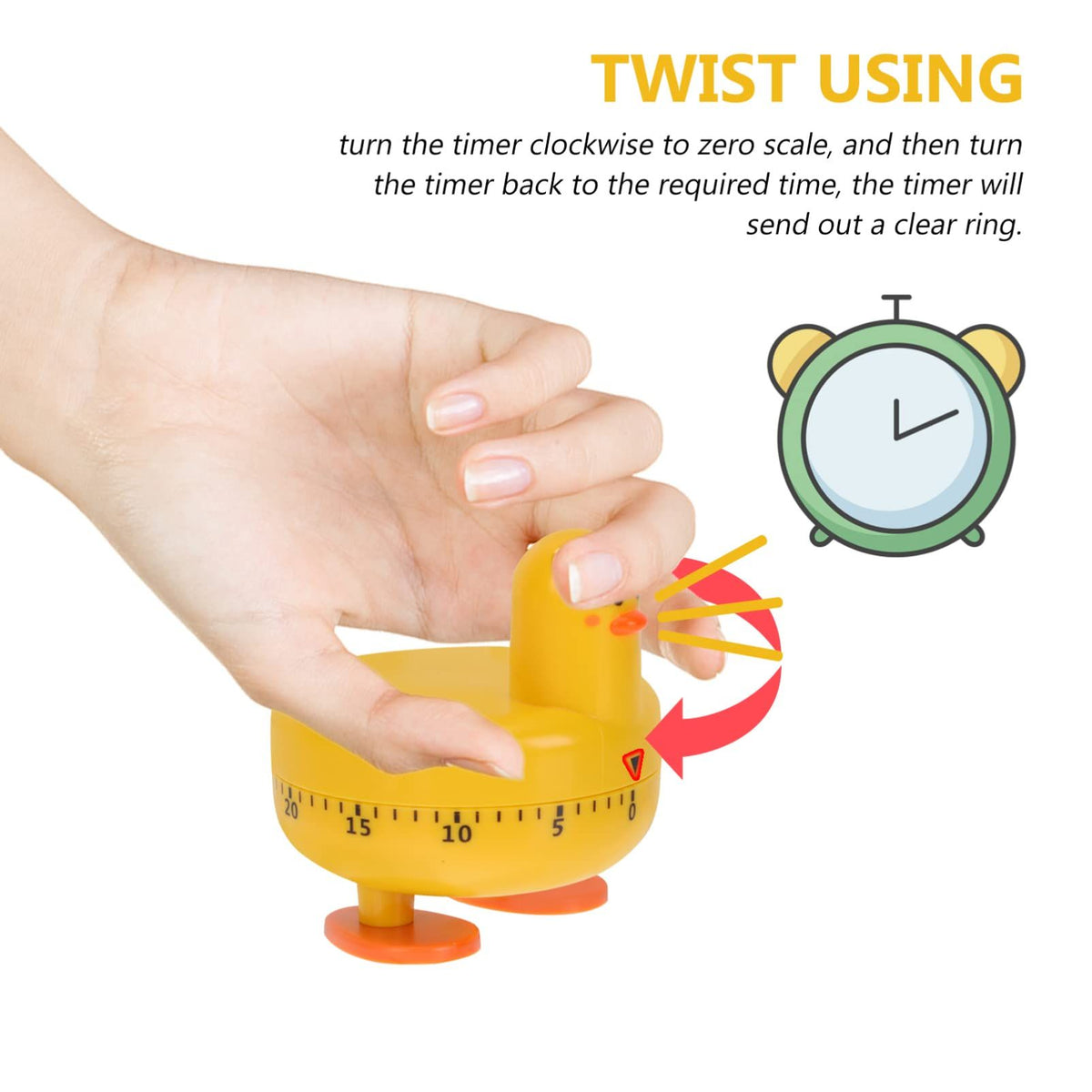 Yellow duck-shaped kitchen timer from Everything Baby, a 60-minute wind-up mechanical cooking and baking alarm for children.
