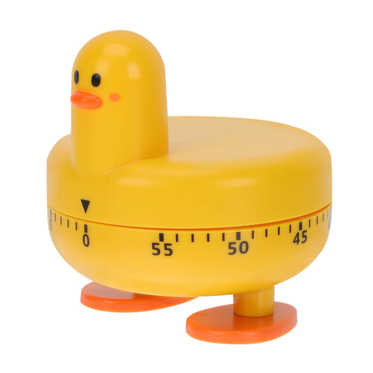 Yellow duck-shaped mechanical kitchen timer with rotating dial, perfect for cooking, baking, and pretend play in kids' kitchens.