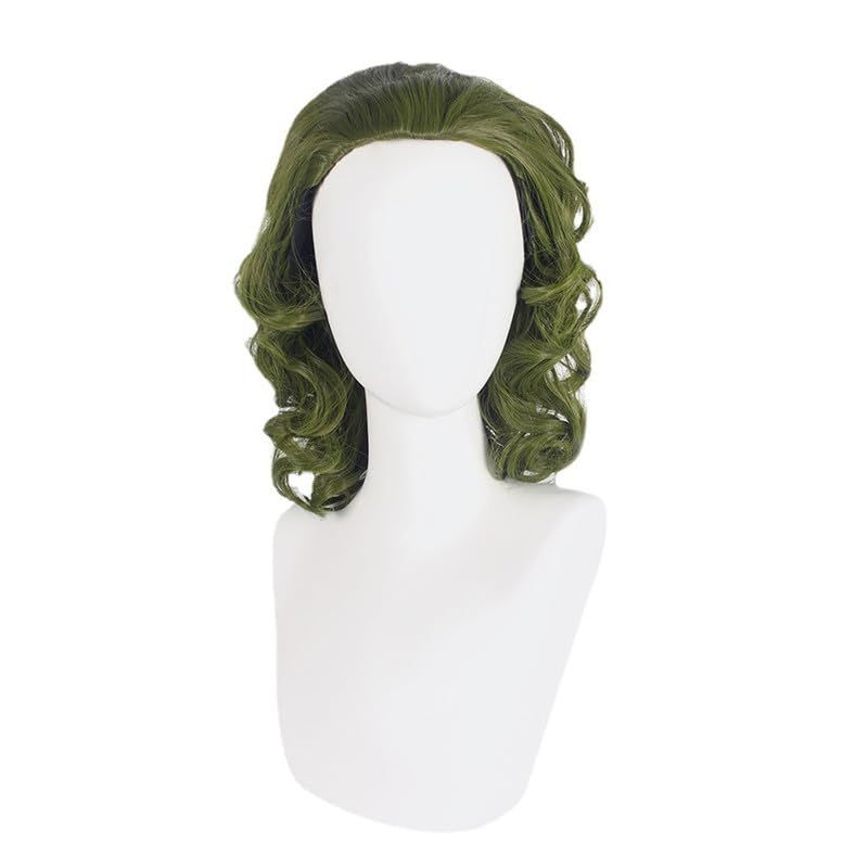 Dark green short wavy anime wig for men and boys, heat-resistant synthetic wig for cosplay or costume use.
