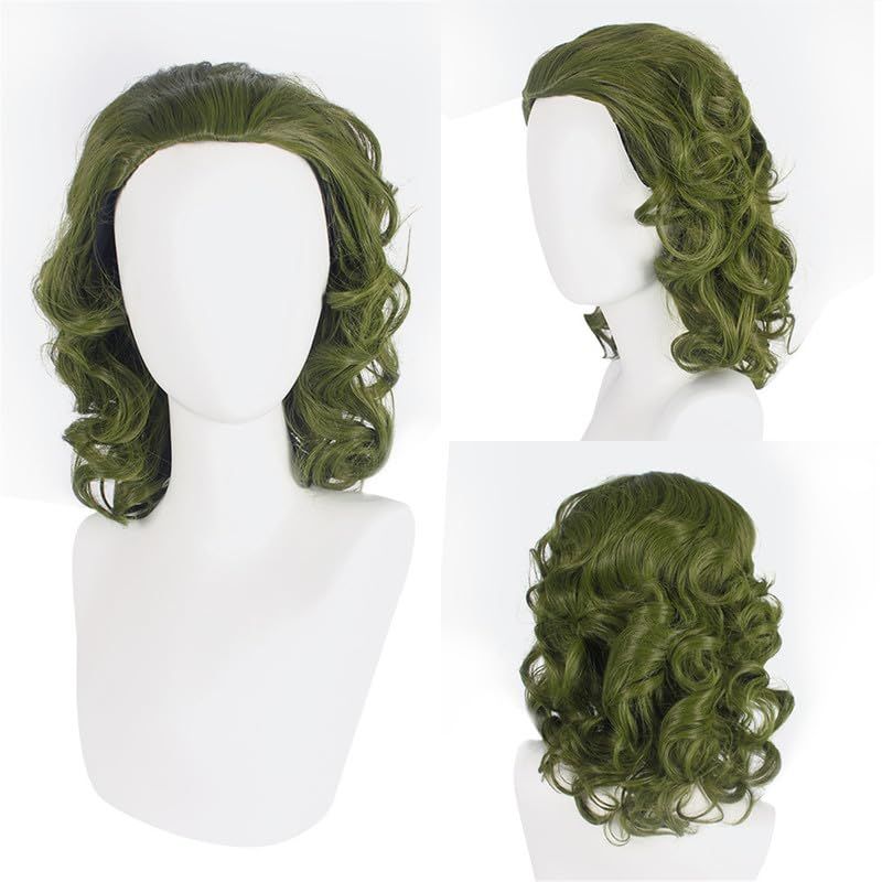 Dark green wavy anime wig for men and boys, synthetic heat-resistant wig with short style and vibrant color, suitable for costumes.