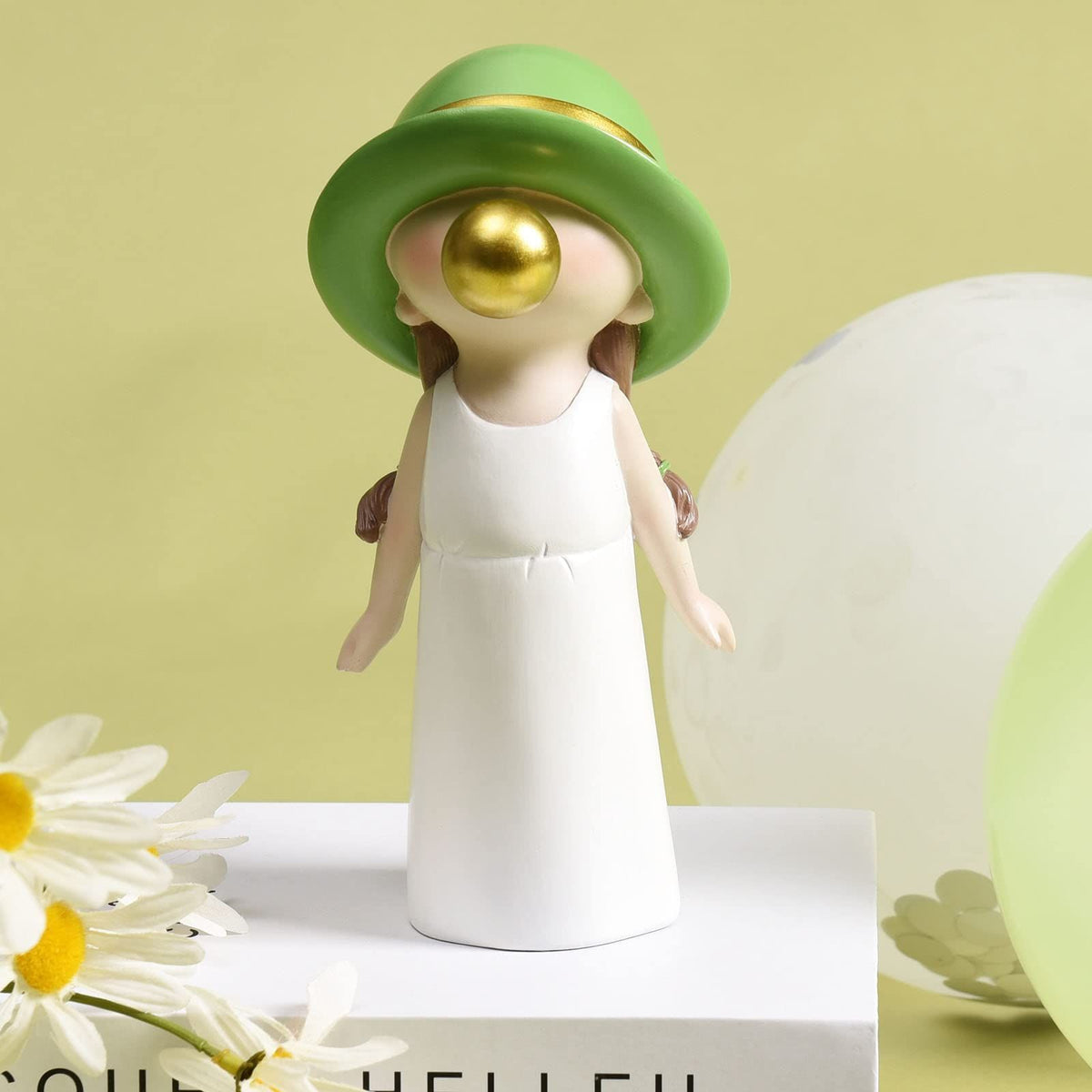 Cute kids statue for shelf decor, resin figurine of a baby blowing bubbles, ideal for boys and girls' pretend play room decor.
