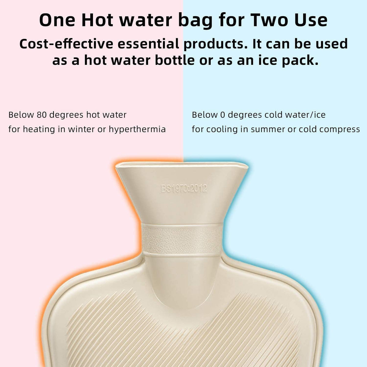 Rubber hot water bottle with soft cover, 2 liters, for pain relief in neck, shoulders, and cramps, designed for comfort.