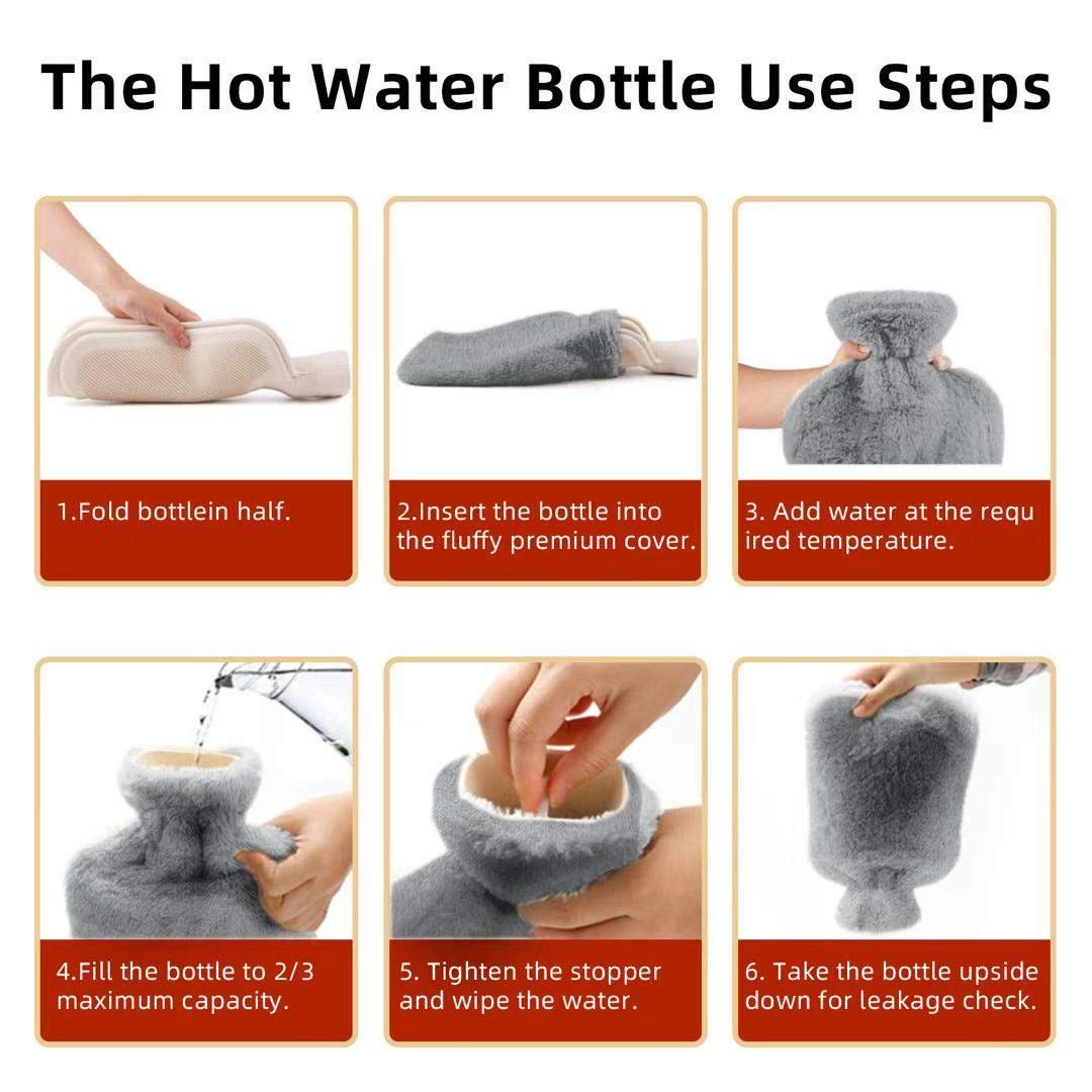 Rubber hot water bottle with soft cover, 2-liter capacity for pain relief, used for cramps, neck, and shoulder comfort.