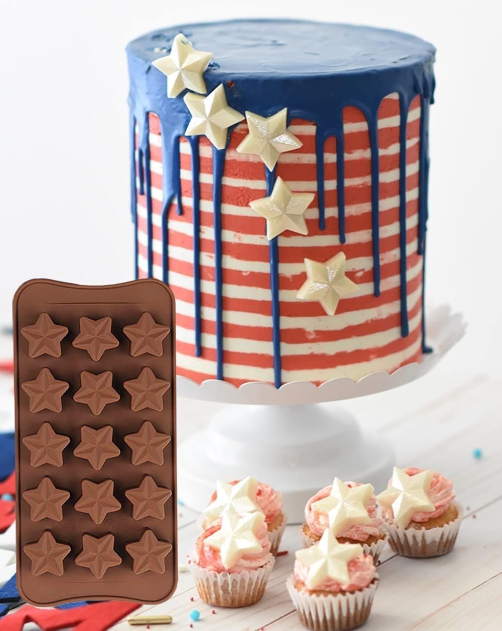 Star-shaped silicone moulds for chocolates, cakes, and desserts, perfect for baking, ice, candles, soaps, and jellies.