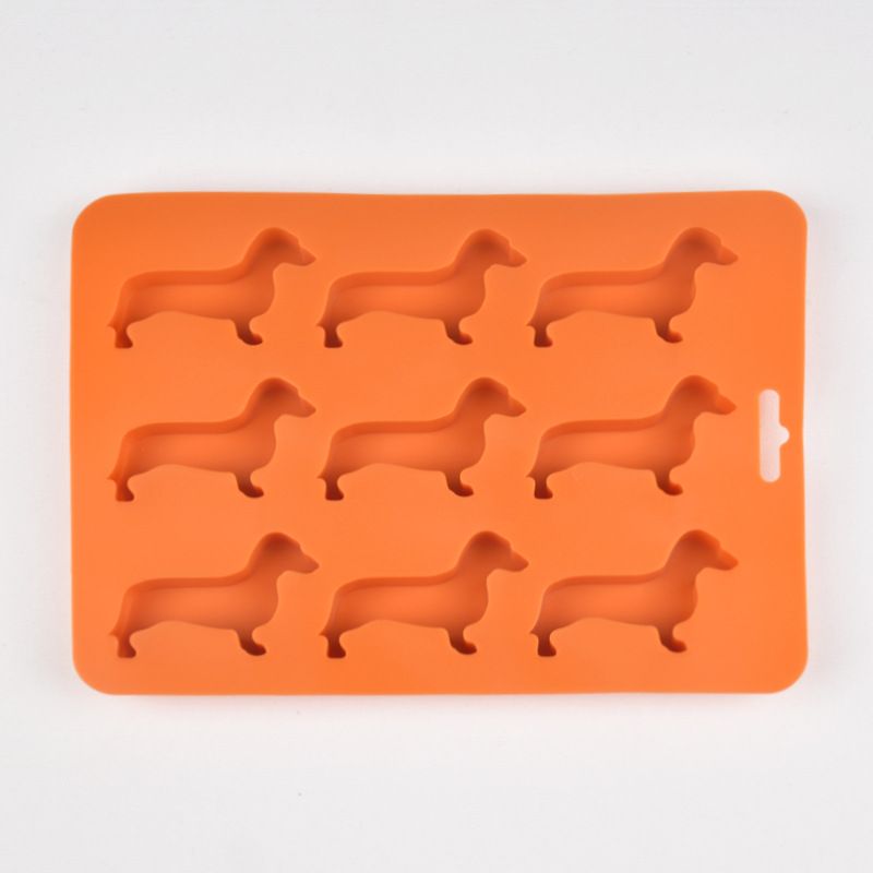 Brown silicone Dachshund-shaped ice cube mold with flexible material and easy-to-remove design, ideal for baby and kids feeding.