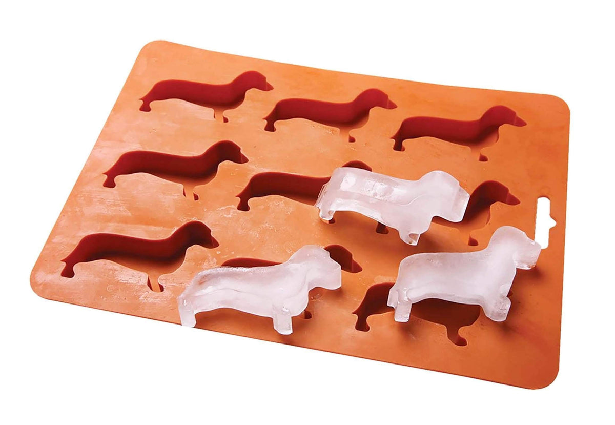 Brown Dachshund-shaped silicone ice cube mold for babies and kids, featuring easy-to-remove, pliable design for nursing and feeding.