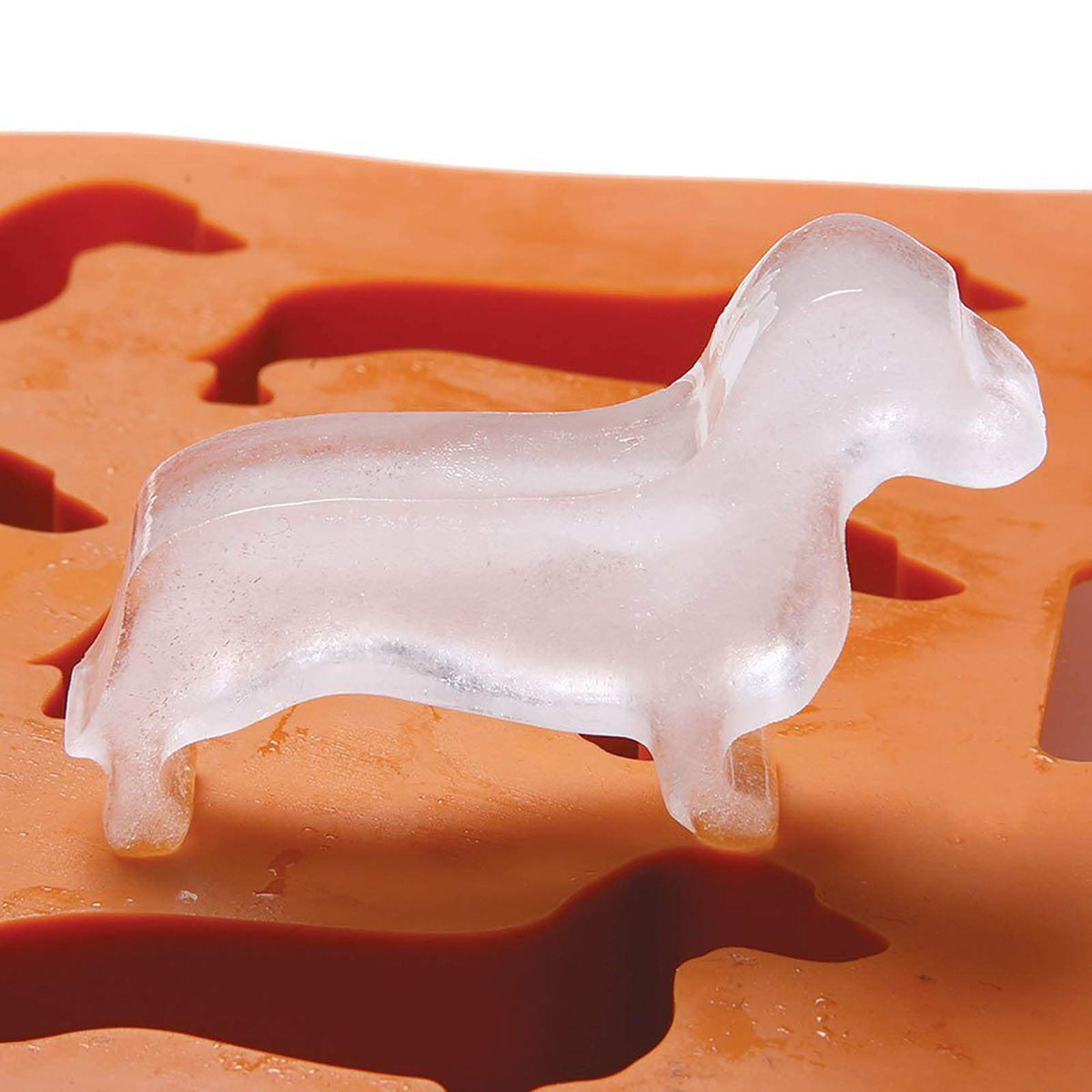 Brown dachshund-shaped silicone ice cube mold and tray, flexible for easy removal, ideal for baby and kids nursing and feeding.