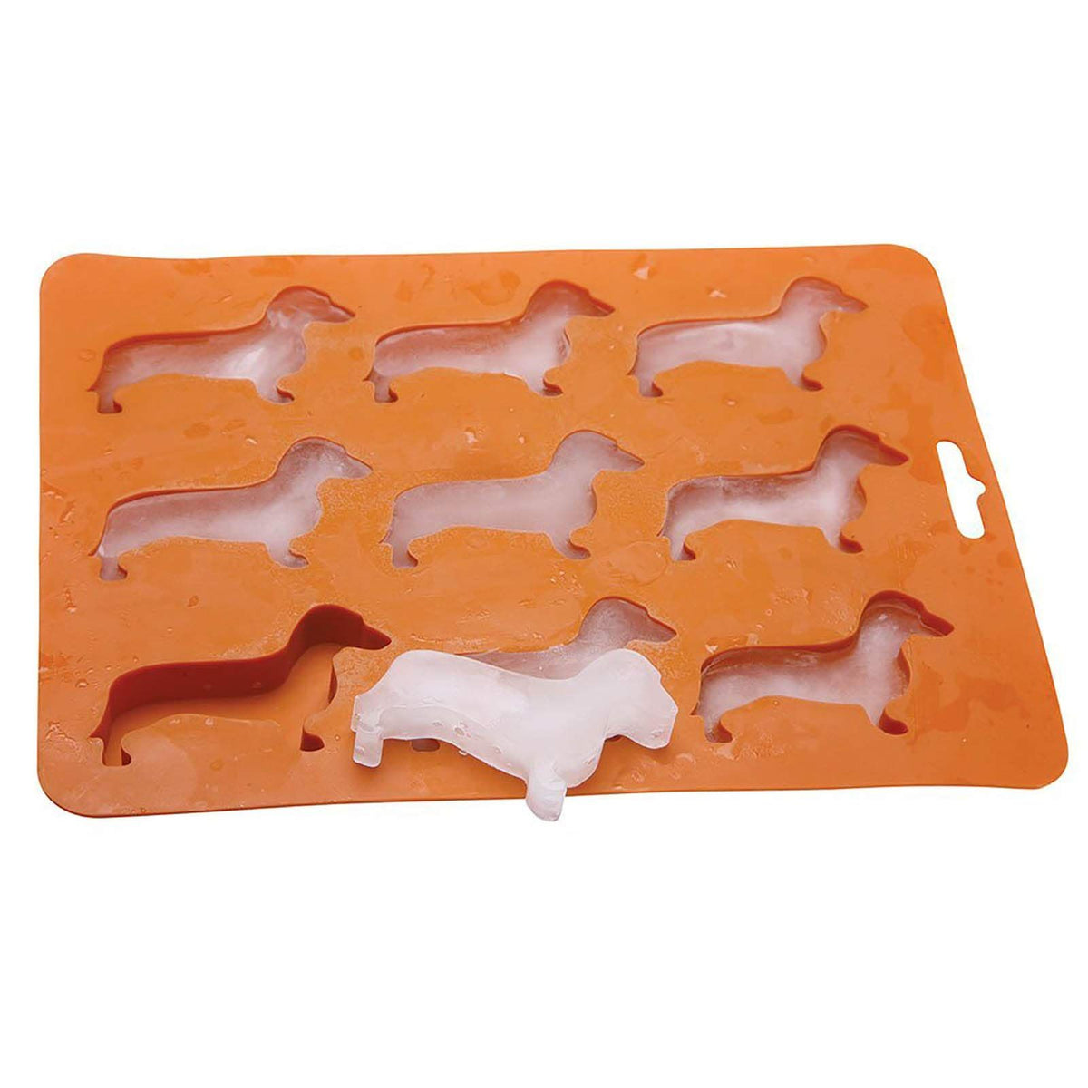 Brown Dachshund-shaped silicone ice cube mold and tray, flexible for easy removal, designed for baby and kids feeding.