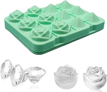 Silicone rose-shaped ice cube mold with 12 cavities, designed for making decorative ice, candies, chocolates, or cake decorations.