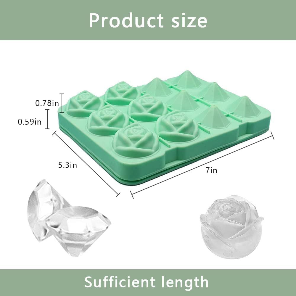 Silicone rose-shaped ice cube mold with 12 cavities, includes lid, ideal for making decorative ice balls for drinks.