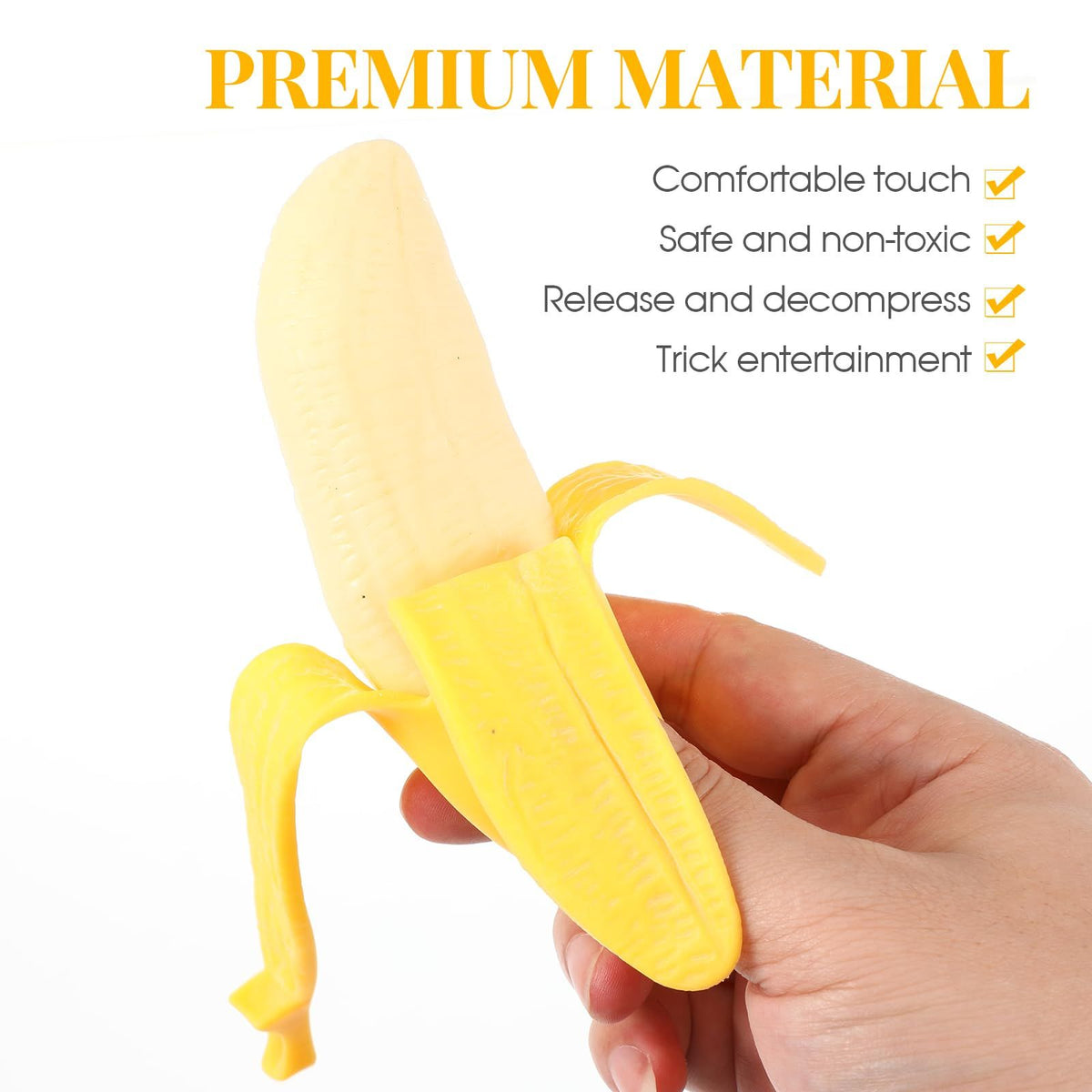 Wacky banana-shaped squeezing toy from Everything Baby, fun prank toy for kids, perfect for pretend play and April Fools' jokes.