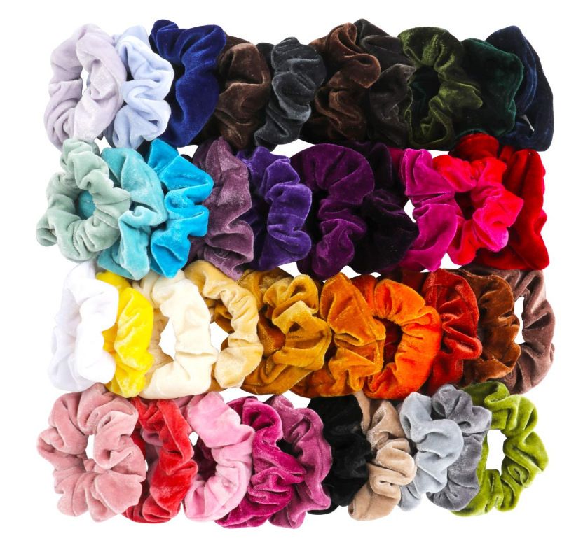 Velvet hair scrunchies from Everything Baby, 46-pack, gentle no-damage hair ties for women, girls, and kids in various colors.