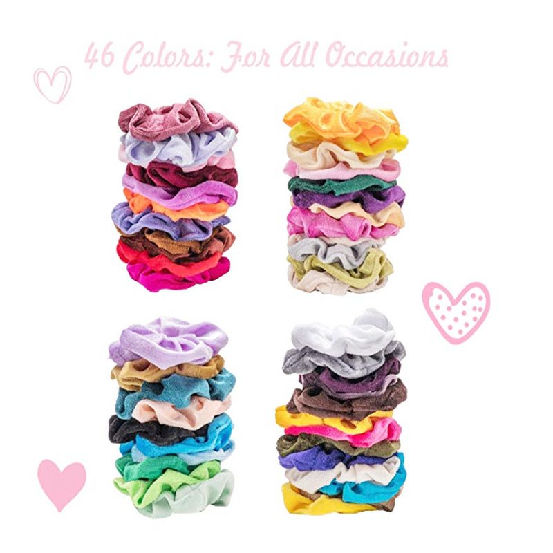 Set of 46 Velvet hair scrunchies from Everything Baby, soft no-damage hair ties for women, girls, and kids, in various colors.