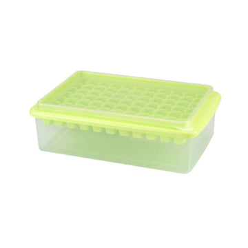 Three BPA-free ice cube trays with lids and bins, designed for freezer storage, featuring spill-proof and stackable design for easy use.