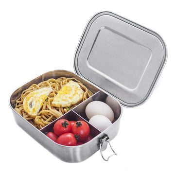Stainless steel bento box lunch container with three compartments, leakproof design, suitable for adults and kids, by Everything Baby.