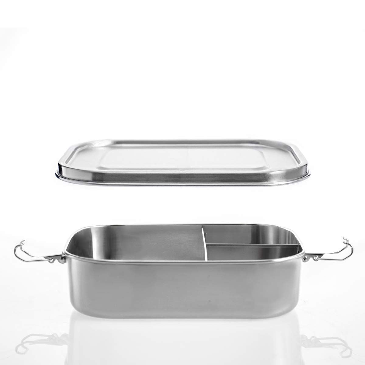 Stainless steel bento box lunch container with three compartments, leakproof design, for adults and kids by Everything Baby.