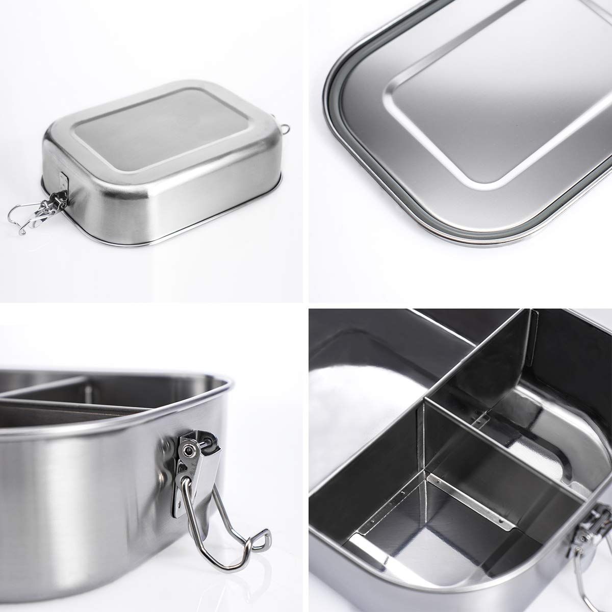Stainless steel bento box lunch container with three compartments, leakproof design for adults, from Everything Baby.