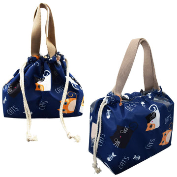Cute blue mini lunch tote pouch with drawstring featuring a cat design, ideal for girls and women to carry small lunches.