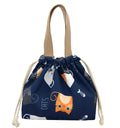 Cute blue mini lunch tote pouch with drawstring featuring a cat design, ideal for girls and women for reusable lunch storage.