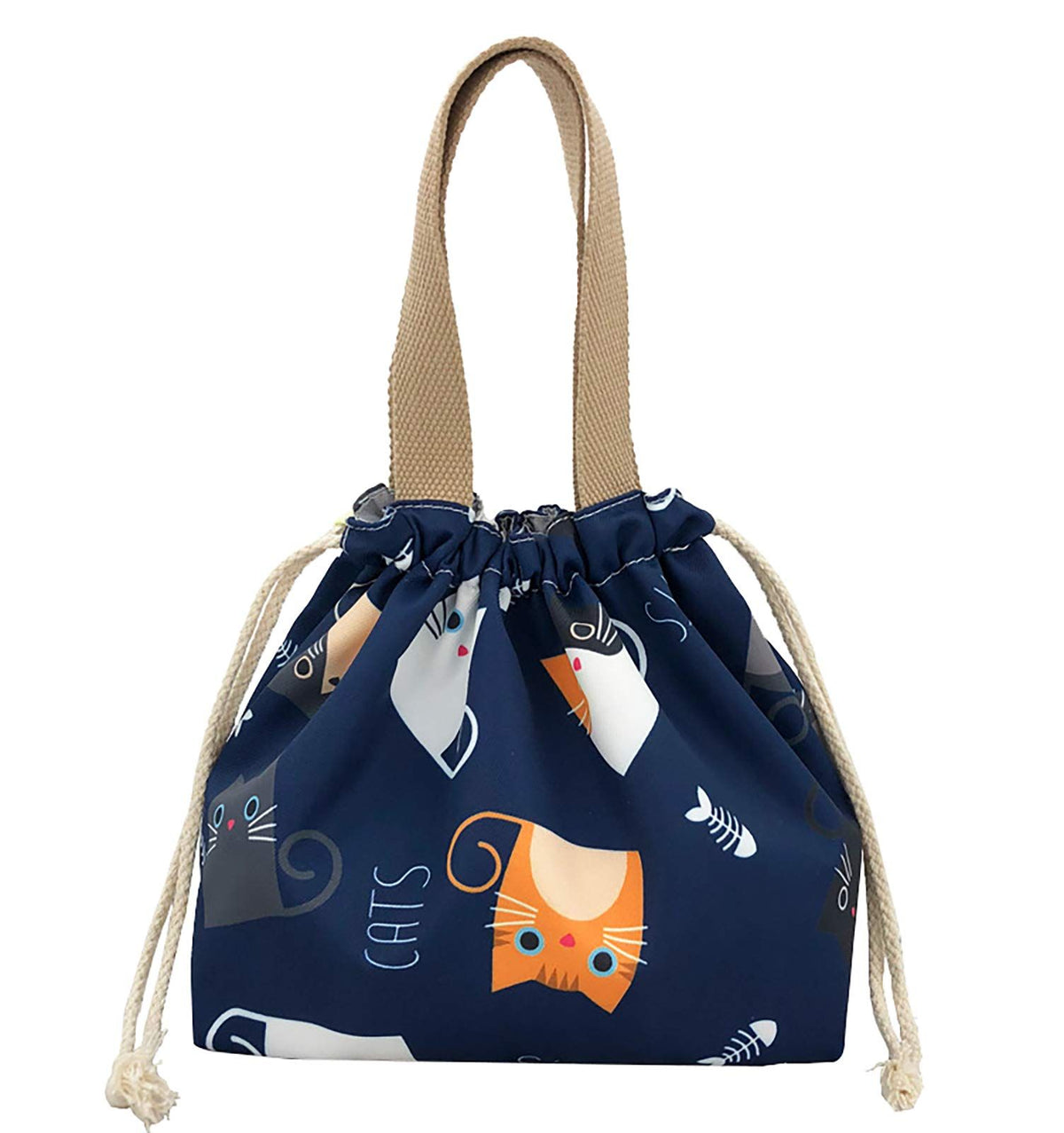 Cute blue mini lunch tote pouch with drawstring featuring a cat design, ideal for girls and women for reusable lunch storage.
