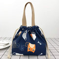 Cute blue mini lunch tote pouch with drawstring, featuring a cat design, perfect for girls and women for small lunches.