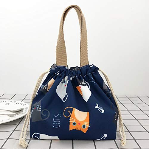 Cute blue mini lunch tote pouch with drawstring, featuring a cat design, perfect for girls and women for small lunches.