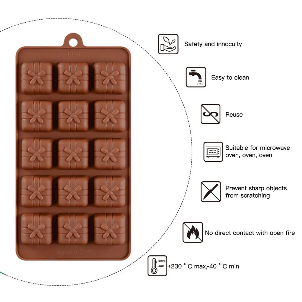 3D silicone chocolate candy mold featuring Christmas gift box design, used for baking, cake decorating, and making pretend play treats.