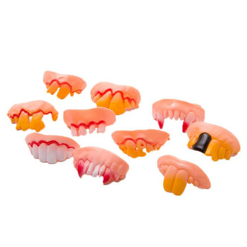 Set of 10 fake vampire fangs for Halloween costumes, featuring playful vampire denture teeth for kids' costume parties.