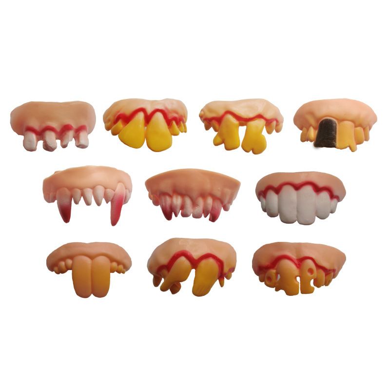 Set of 10 plastic vampire fangs for kids Halloween costumes, featuring realistic-looking vampire teeth for dress-up parties.