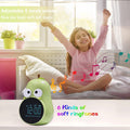 Cute pear-shaped alarm clock for kids with triple alarms and five ringtones, perfect for children's bedrooms.