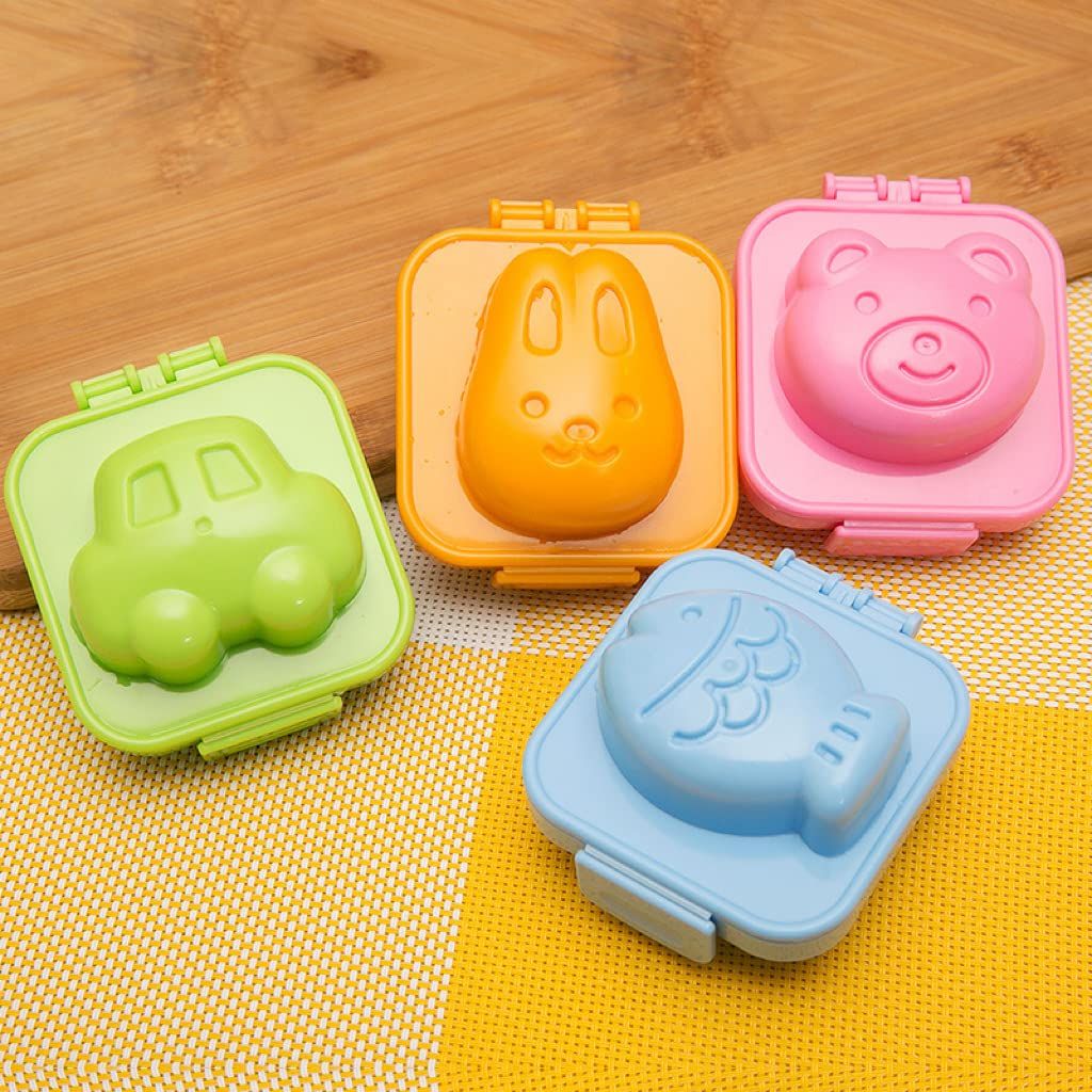 Cute cartoon boil egg mold set featuring fish, car, and heart shapes for baby and kids pretend play and food decoration.