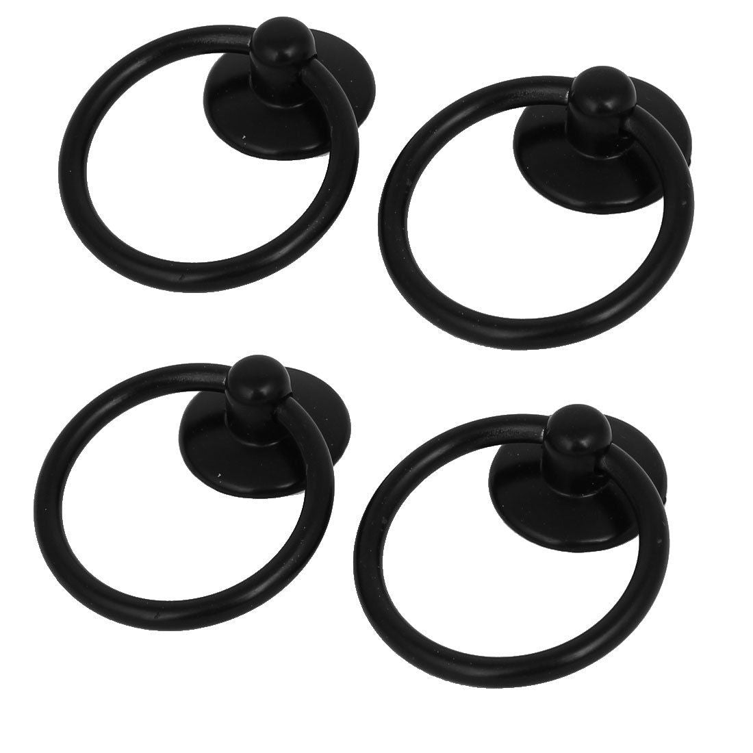 Black metal lifting ring knobs for drawers and cabinets, 4-pack, sturdy single-hole pull handles for furniture.