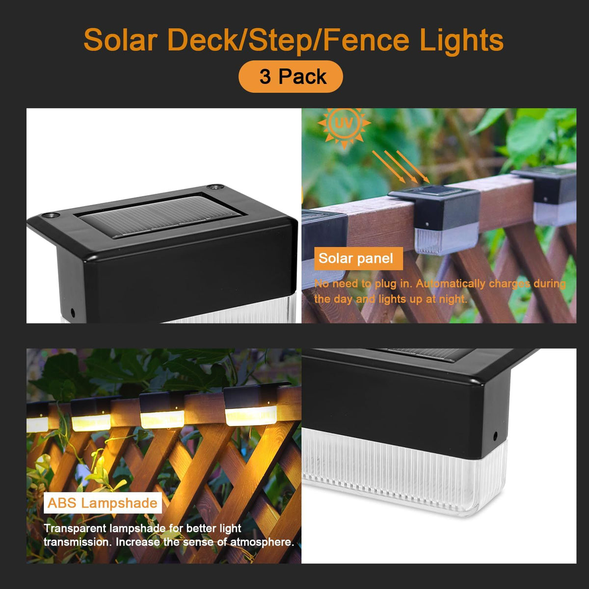 Set of 4 solar-powered fence pillar lights and decorative LED table lamps with weatherproof design for outdoor terrace and stairs.