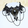 Black lace choker necklace with tassel detail, gothic style, perfect for Halloween or stylish accessories for women.