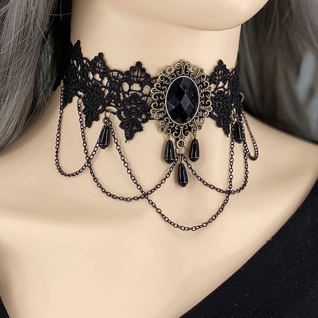 Black lace gothic tassel choker necklace for women, featuring a stylish collar design suitable for Halloween parties