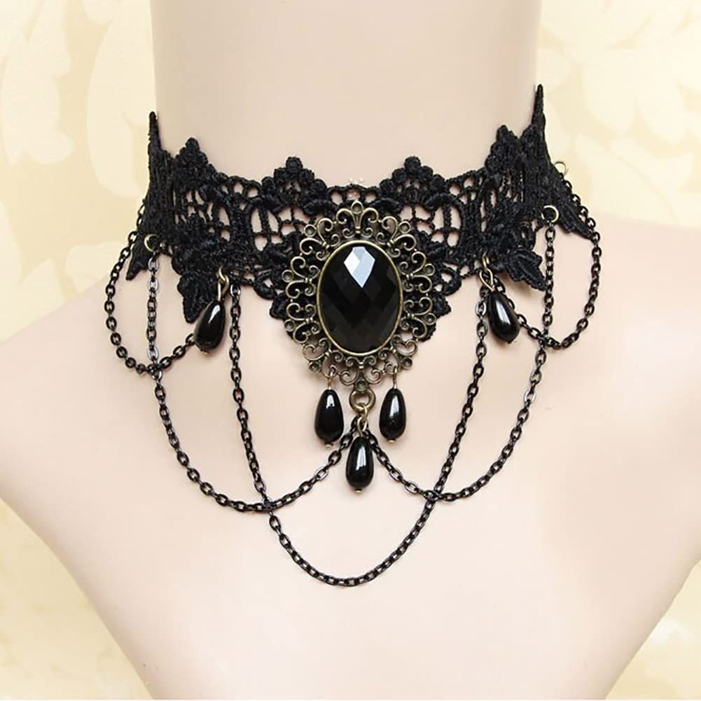 Black lace gothic choker necklace with tassel detail, perfect for Halloween or stylish accessories for women.