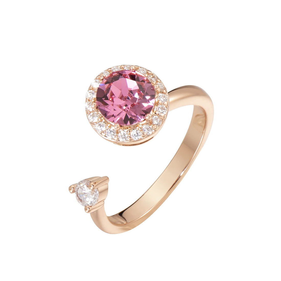 Two personalized women's birthstone rings with crystal accents, open design, suitable for fashion and matching accessories.